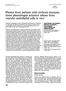 Plasma from patients with cirrhosis increases tissue plasminogen activator release from vascular endothelial cells in vitro