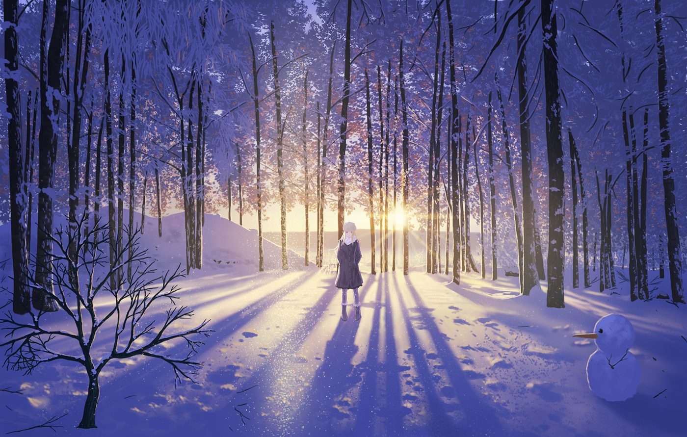 1 二次風景画像 5枚 自然 雪山 冬 イラスト 壁紙 風景と少女