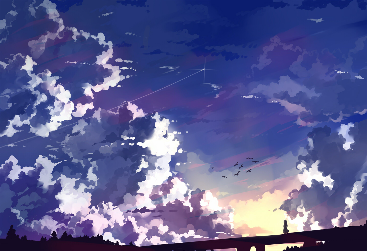 1 二次風景画像 40枚 青空 夕方 夜空 曇空 雨空 イラスト 壁紙 風景と少女による可能世界