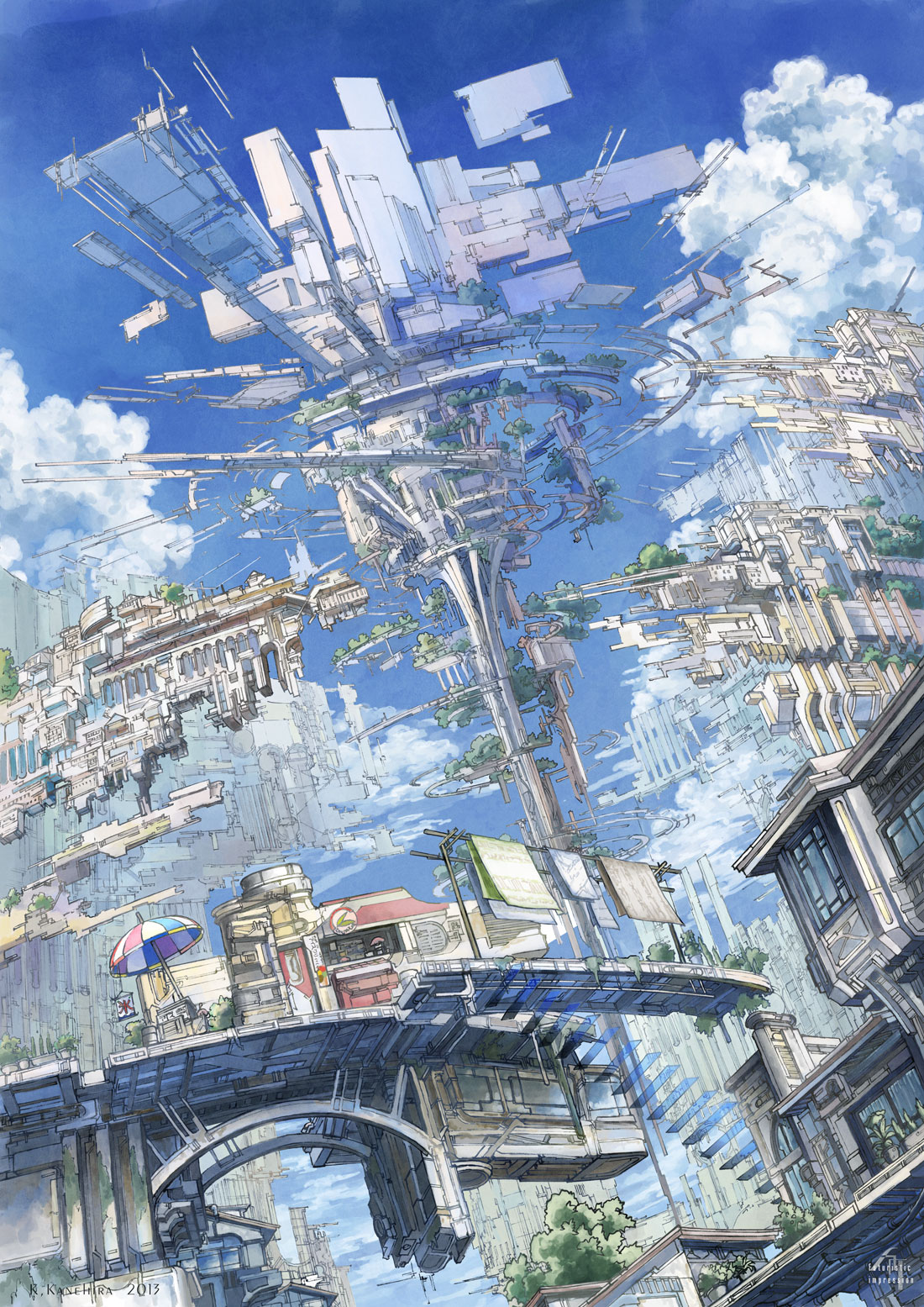 3 二次風景画像 14枚 ファンタジー 近未来 空中都市 飛行船 イラスト